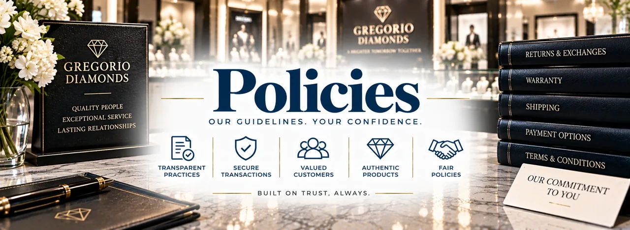 Gregorio Diamonds policies and information banner — family-owned fine jewelry store in Hialeah, Florida