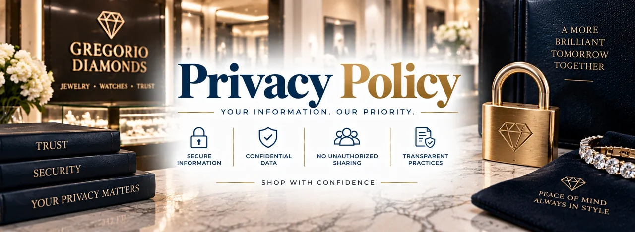 Gregorio Diamonds Privacy Policy banner — gold and navy security icons beside leather-bound books reading Trust, Security and Your Privacy Matters, with a gold padlock in the luxury Hialeah, Florida jewelry showroom