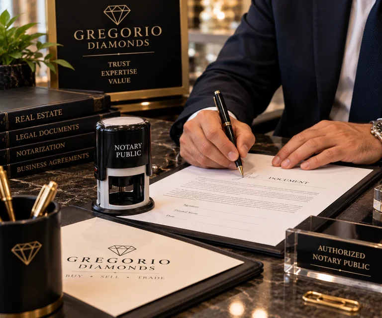Individual signing documents beside a Notary Public stamp at Gregorio Diamonds in Hialeah, Florida, providing professional notary and document services.