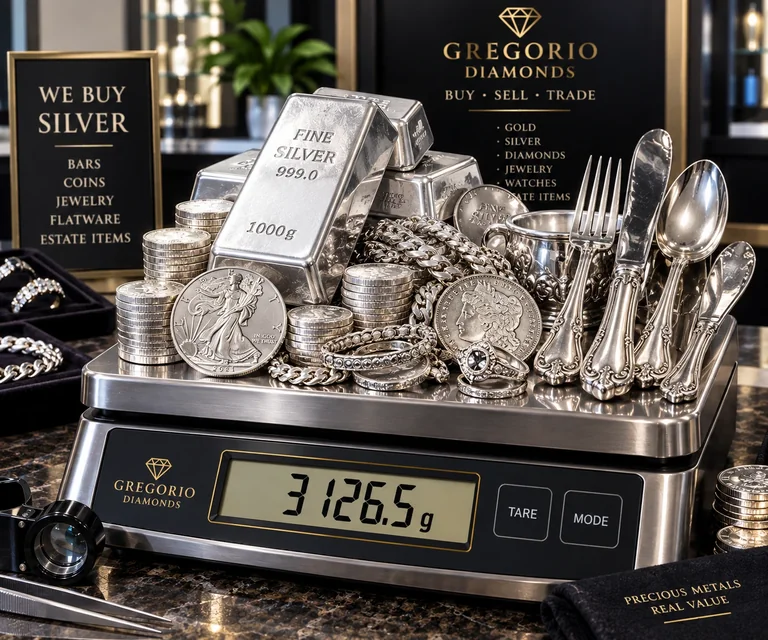 Silver bars, coins, sterling silver flatware, and silver jewelry on a scale at Gregorio Diamonds, a silver buyer in Hialeah, Florida.