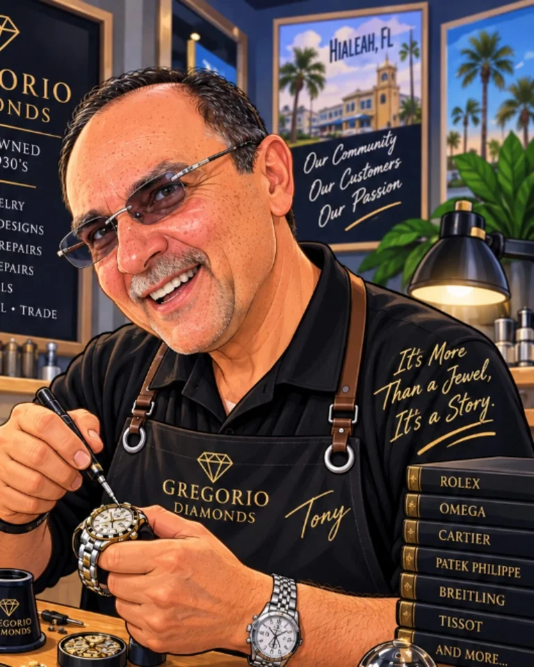 Tony Abajian of Gregorio Diamonds in Hialeah, Florida, illustrated as a jeweler and watchmaker specializing in fine jewelry, custom designs, diamonds, watch repair, jewelry repair, and appraisals.
