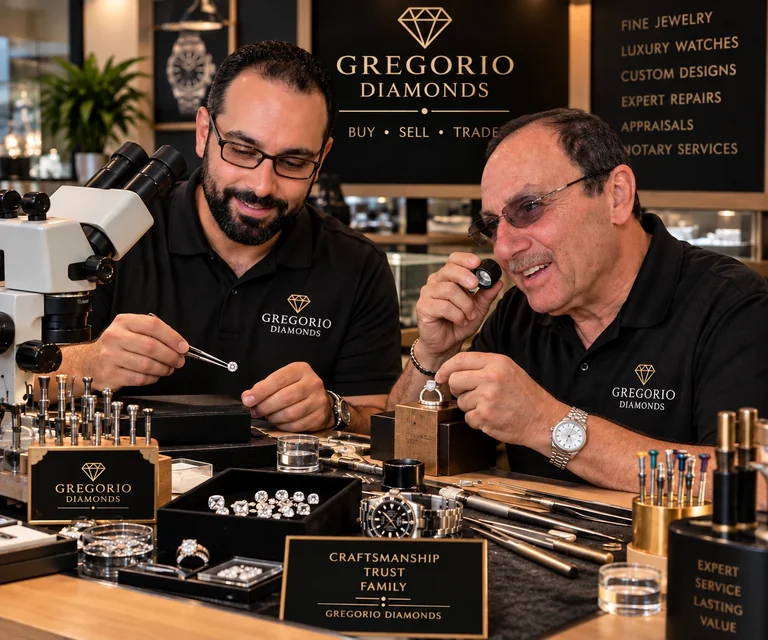 Tony Abajian and Gregory M. Abajian working together at the Gregorio Diamonds jewelry and watch repair bench in Hialeah, Florida, surrounded by diamonds, luxury watches, and precision tools.