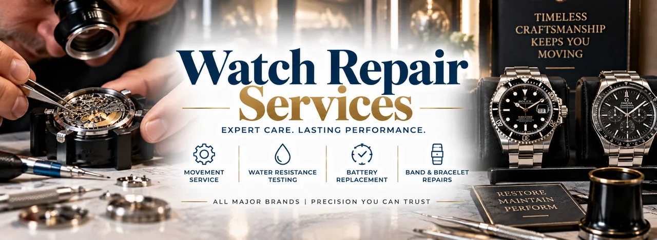 Gregorio Diamonds watch repair services banner — professional watchmaker servicing fine and luxury timepieces in Hialeah, Florida