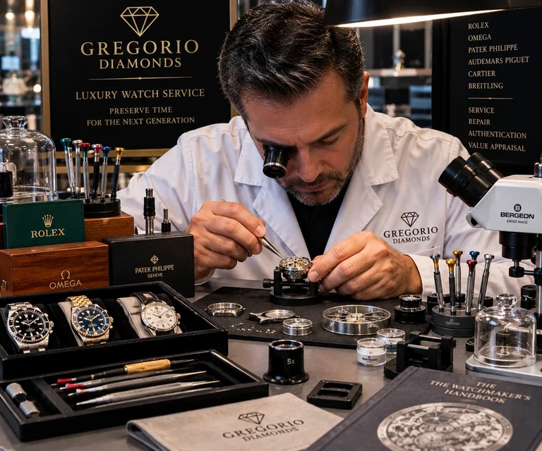 Watchmaker repairing a luxury watch at a professional workbench with precision tools and a loupe at Gregorio Diamonds in Hialeah, Florida.