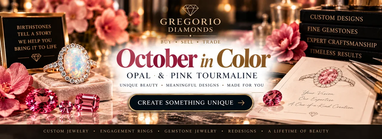 Celebrate October’s birthstones, opal and pink tourmaline, with Gregorio Diamonds in Hialeah, Florida.