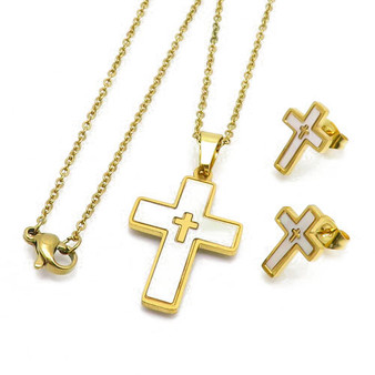 Beautiful High End Quality White-Golden Style Cross Stainless Steel Necklace Earing Set