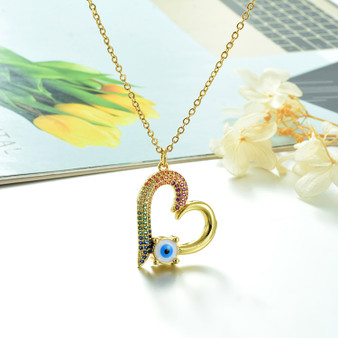 Beautiful Lovely High End Trendy Golden Style Copper Colorful Zirconia Evil Eye Heart Pendant Stainless Steel Necklace