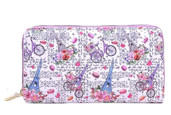 Lovely Delicate Beautiful White-Purple-Blue-Pink Color Sparkly Stars Paris Tower Full Zipper Super Cute Wallet With 3 Organize Divisions, 2 Laterals Money/Paper Pockets And 8 Card Holders Pocket