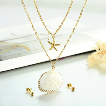 Adorable Delicate Brass Sea Star Charm - Sea Shell And Pearl Golden Stylish Double Stainless Steel Necklace - Earrings Set