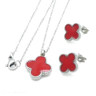 Cute Trendy Red Silver Clover Stainless Steel Necklace - Earing Set