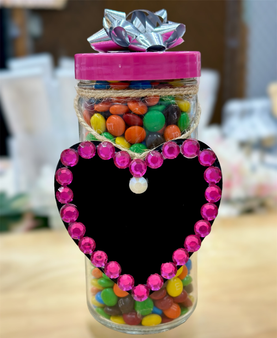 Lovely Pink Faceted Gems Borders Lovely Heart Chalkboard Sweetest 6.75 oz Chocolate M&M Candys Glass Jar.