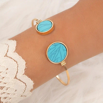Versatile Lovable Stylish Round Flat Turquoise Cuff Bangle Boho Style Adjustable Golden Bracelet