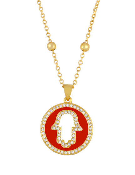 Beautiful High End Quality 18K Gold Plated Fashion Copper Red Round Drop Oil Zirconia Fatima Hand Stainless Steel Necklace