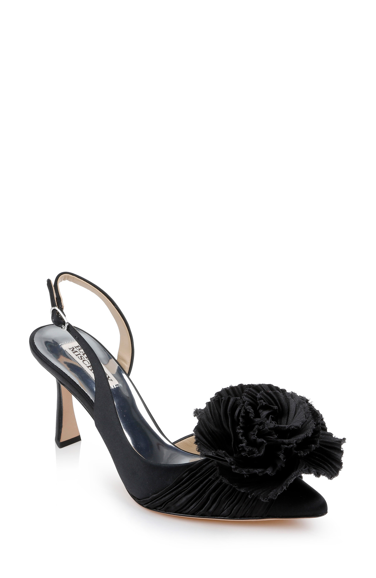 Blaire Pleated Satin Slingback Heels with Floral Detail by Badgley Mischka