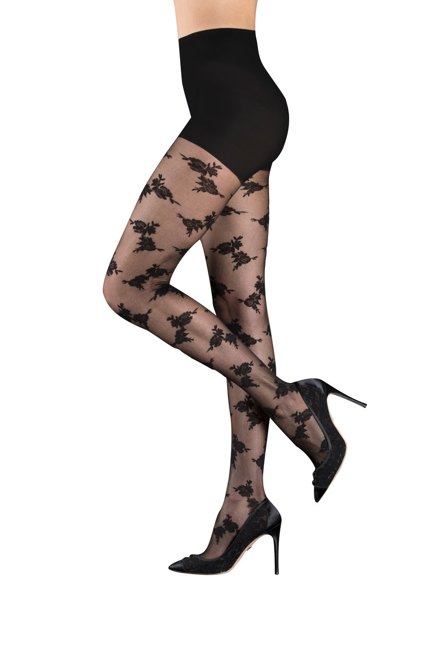 Legmogue Women's Floral Flocked Back Seam Sheer Tights Black Small/Medium  at  Women's Clothing store