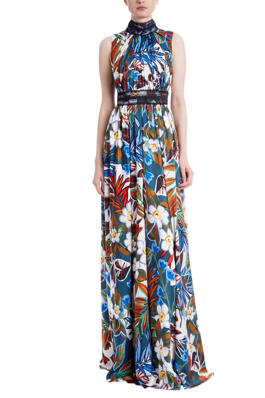 Tropical, Floral High-Neck Sleeveless Maxi Dress by Badgley Mishcka