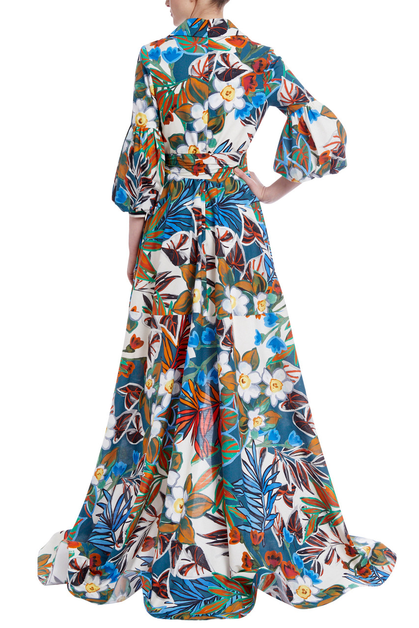 Badgley Mischka Collection Floral Long Sleeve Cotton High-Low Wrap Dress in Blue Multi