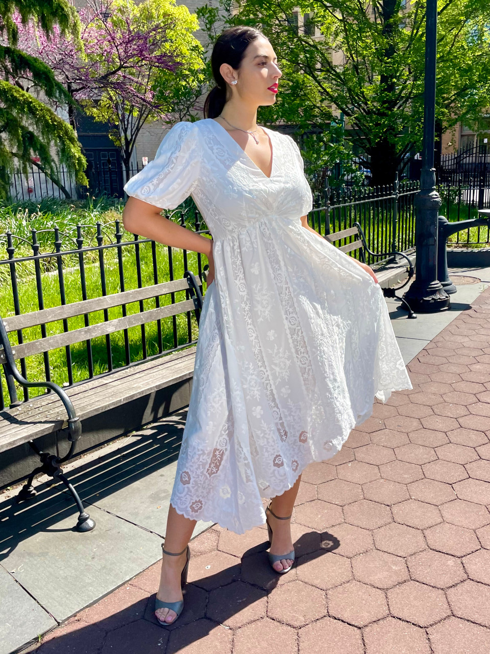 Eyelet Lace Balloon Sleeve Dress