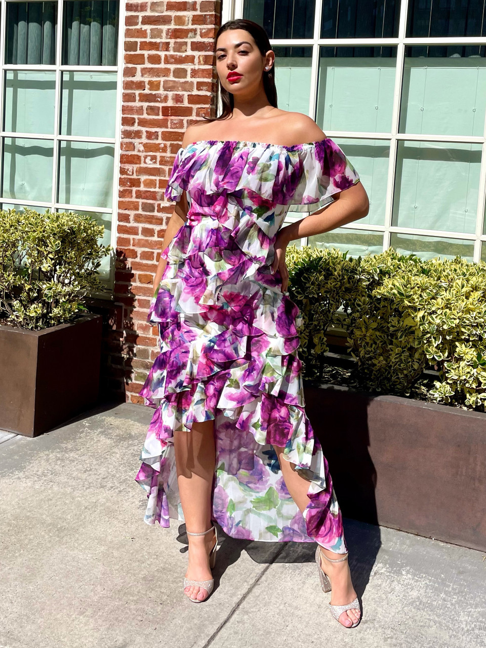 Floral Ruffle Off-the-Shoulder Gown by 