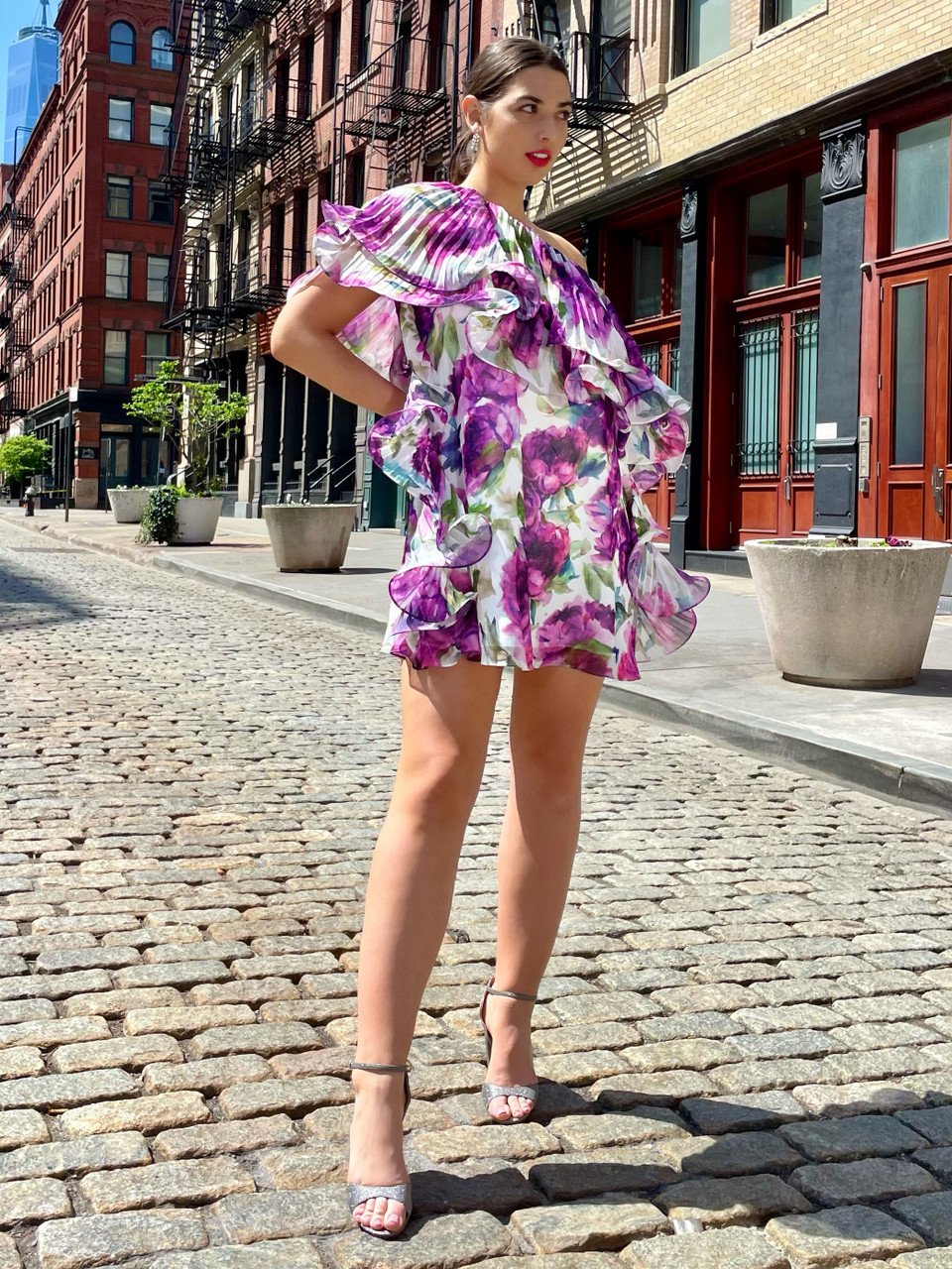 Floral Ruffle One-Shoulder Mini Dress 