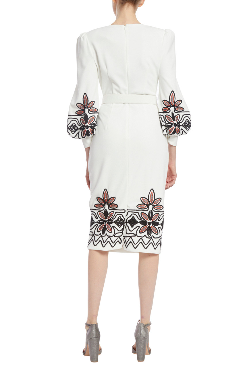 Embroidered Balloon-Sleeve Dress by Badgley Mischka