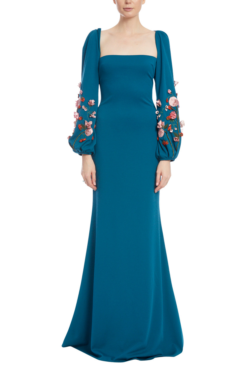 Badgley Mischka Collection Blouson-Sleeve Gown w/ 3D Flowers
