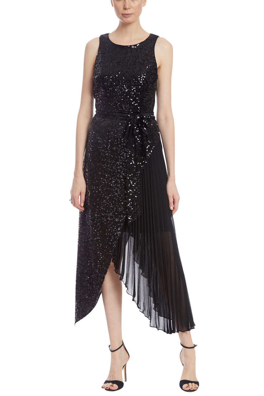 Black Sequin Pleated Cocktail Dress by Badgley Mischka