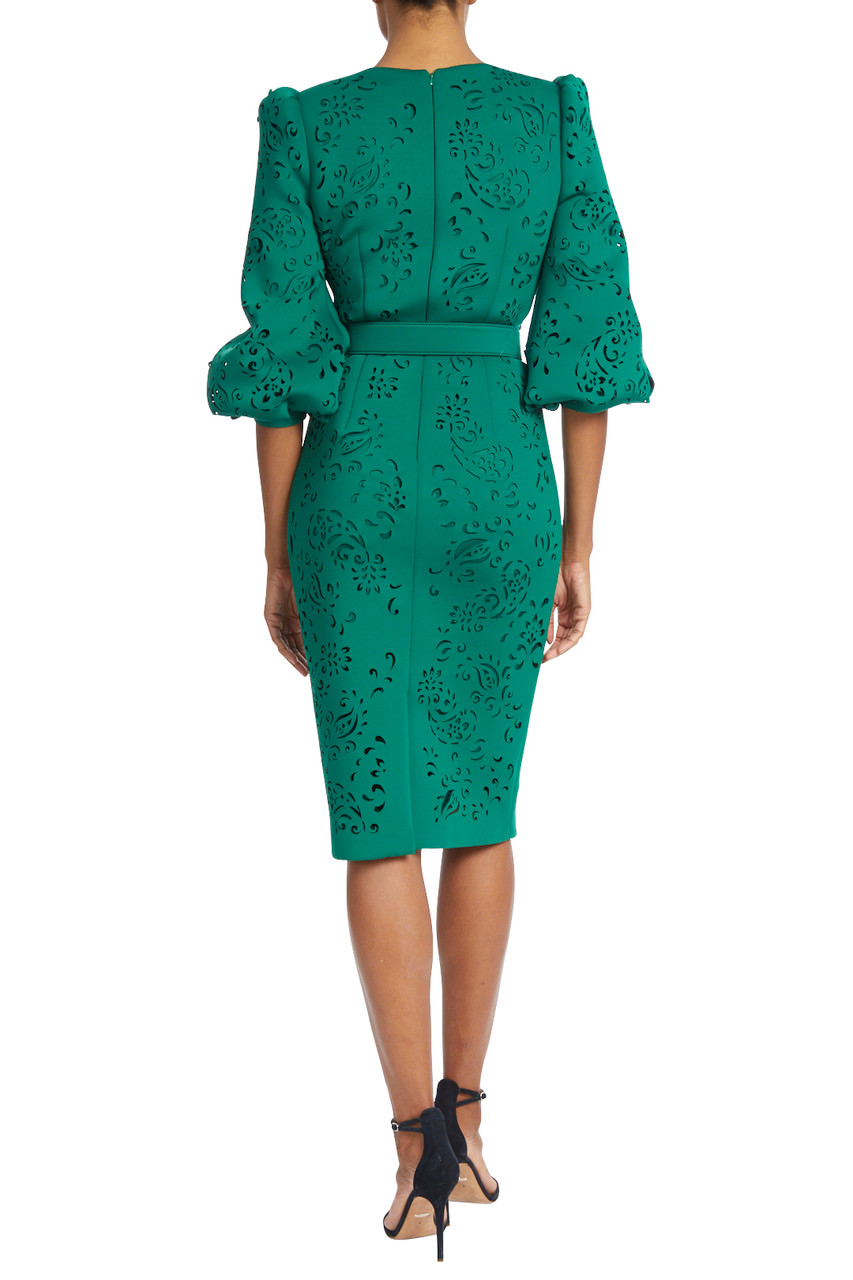 Puff-Shoulder, Laser-Cut Paisley Dress by Badgley Mischka