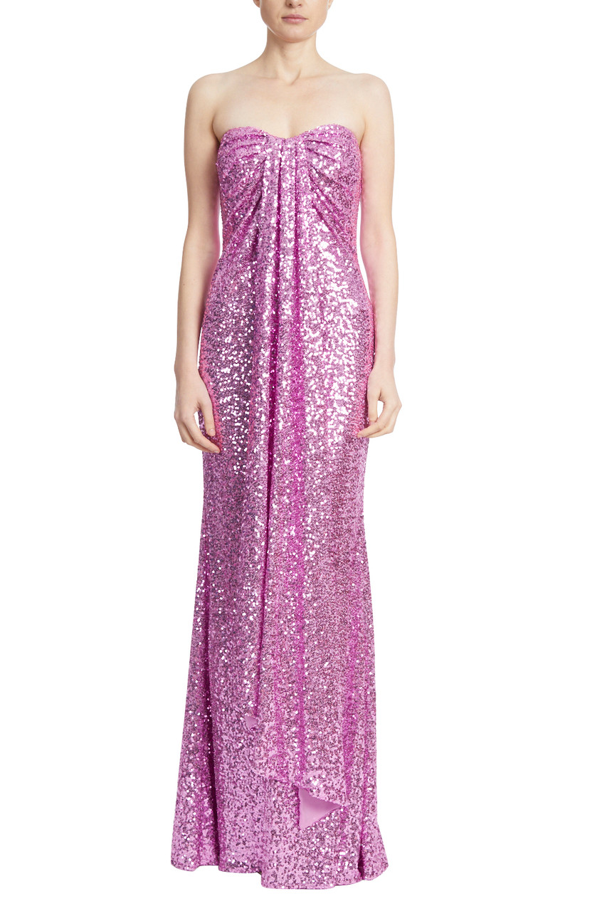 BADGLEY MISCHKA One-shoulder draped sequined tulle gown | THE OUTNET