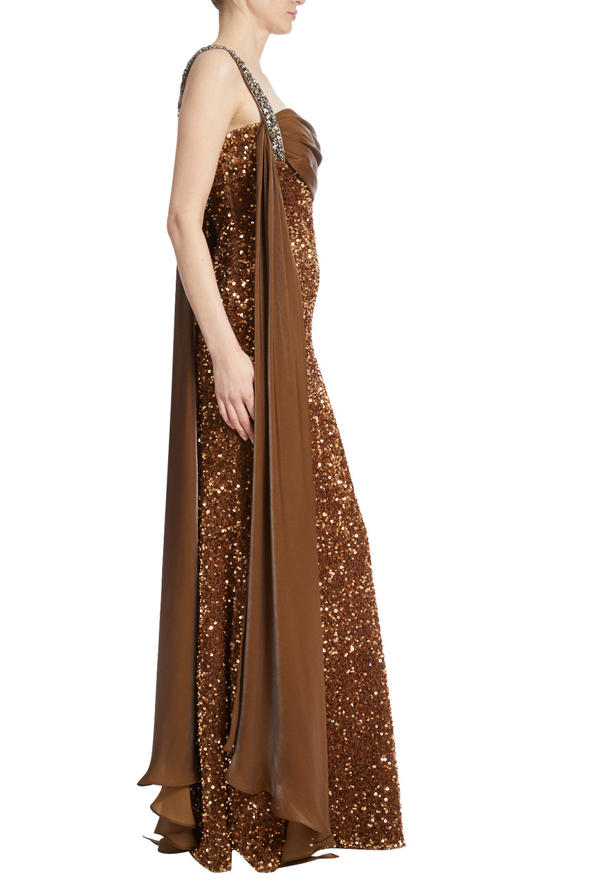 Sequin Long Sleeve Gown With Bow Brooches by Badgley Mischka