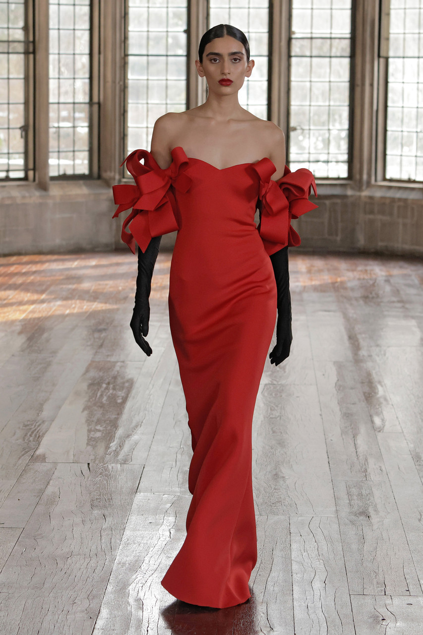 Scarlet Red Gown with Bow Sleeves by Badgley Mischka