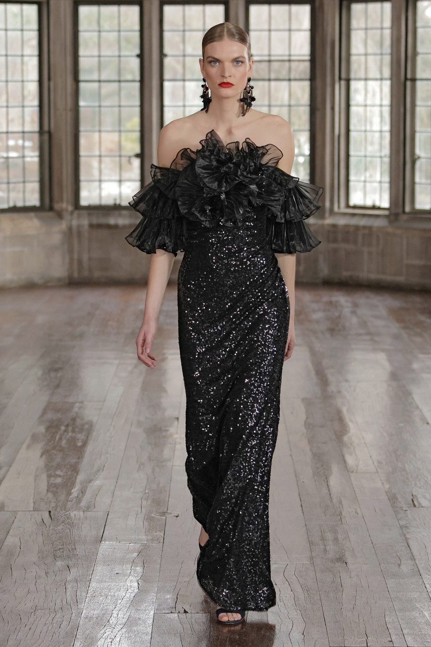 Sequined Column Gown with Organza Sleeves by Badgley Mischka