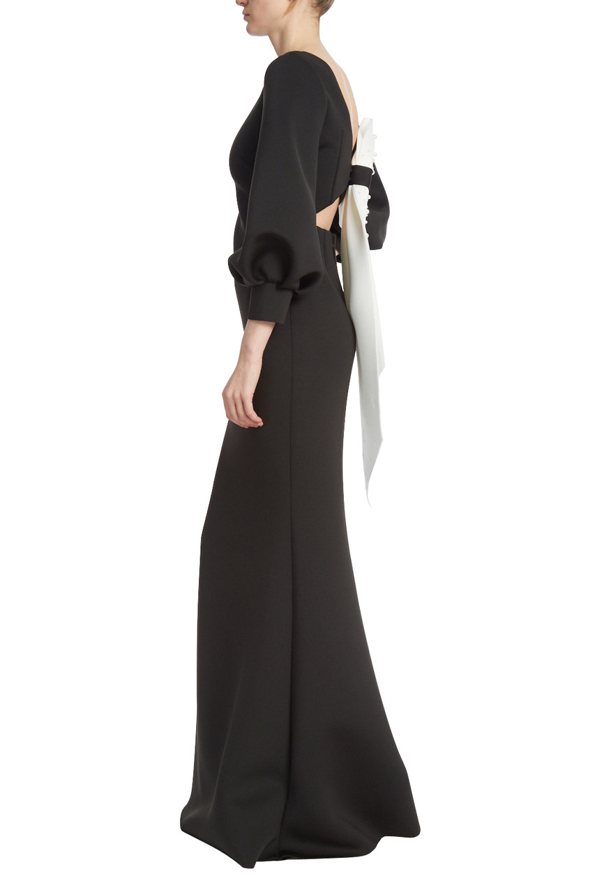Badgley Mischka Black Column Gown with Ivory Pearl Back Bow in Black Ivory