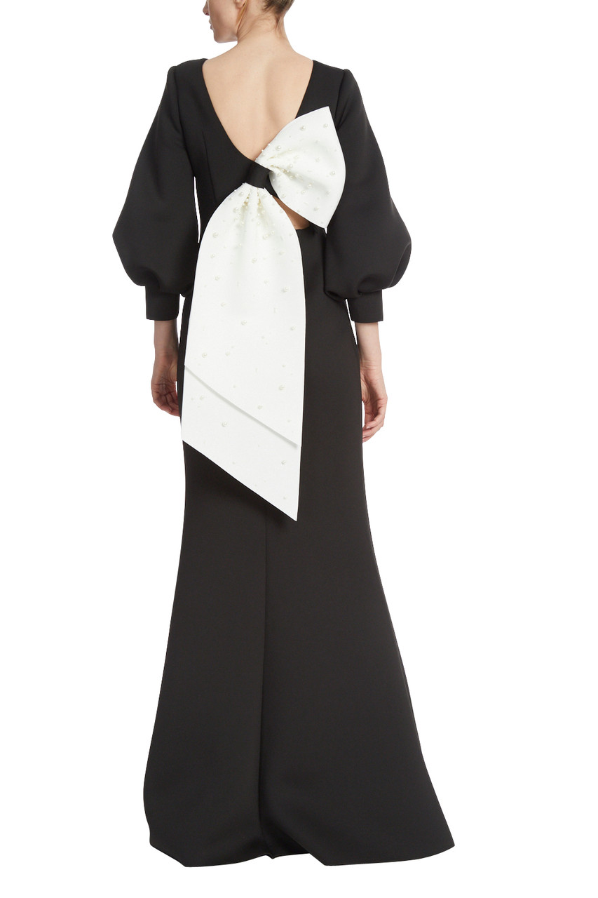Badgley Mischka Black Column Gown with Ivory Pearl Back Bow in Black Ivory