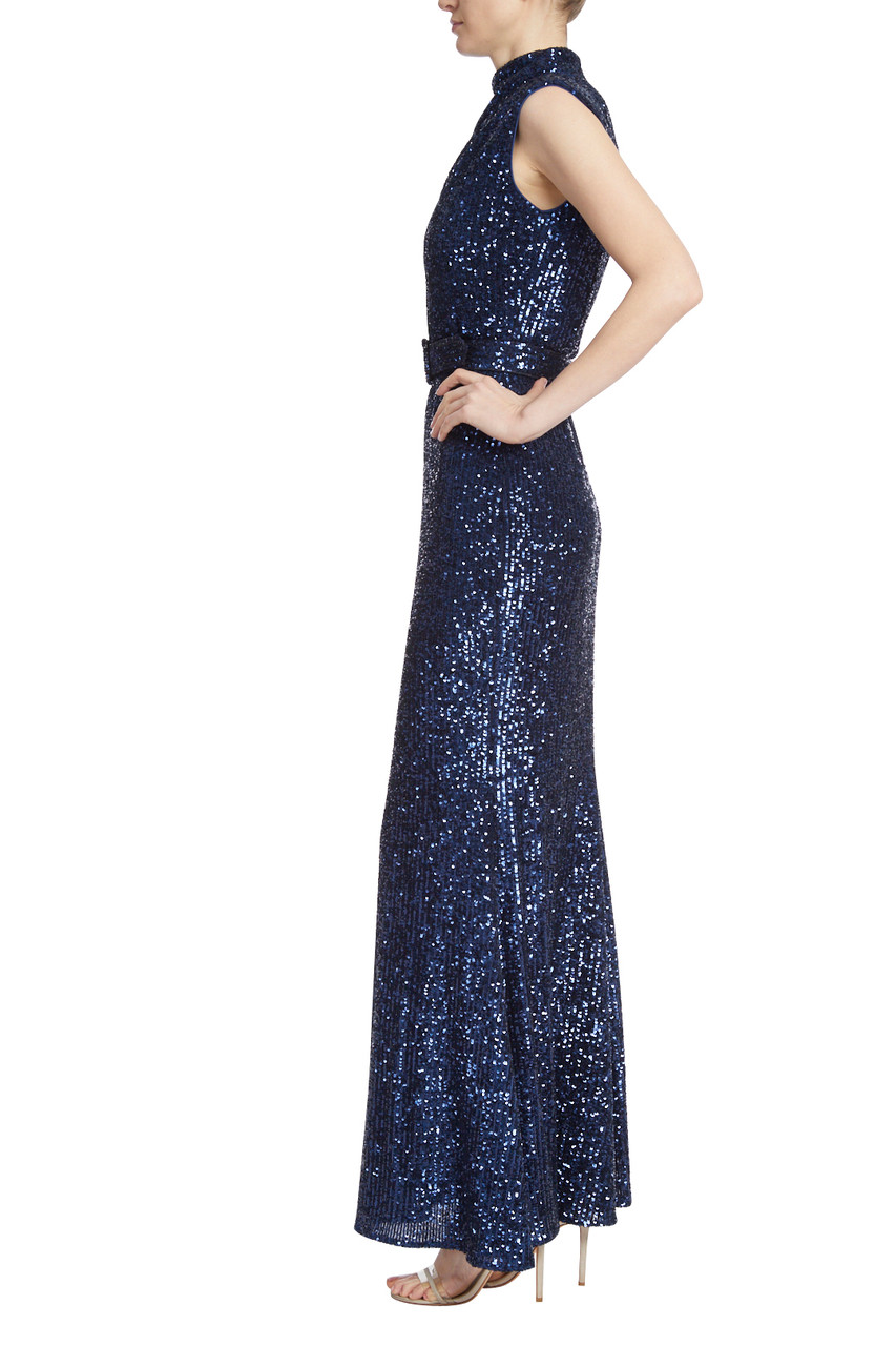 Mock Neck Sequined Gown with Belt by Badgley Mischka