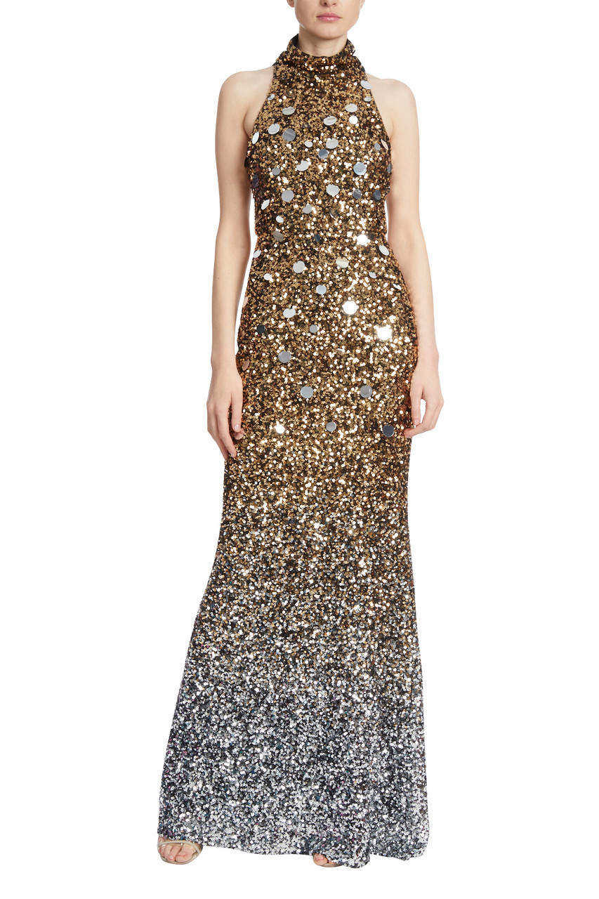 Badgley Mischka Women's Asymmetrical Sleeve Sequin Gown, Gold, 8 at Amazon  Women's Clothing store