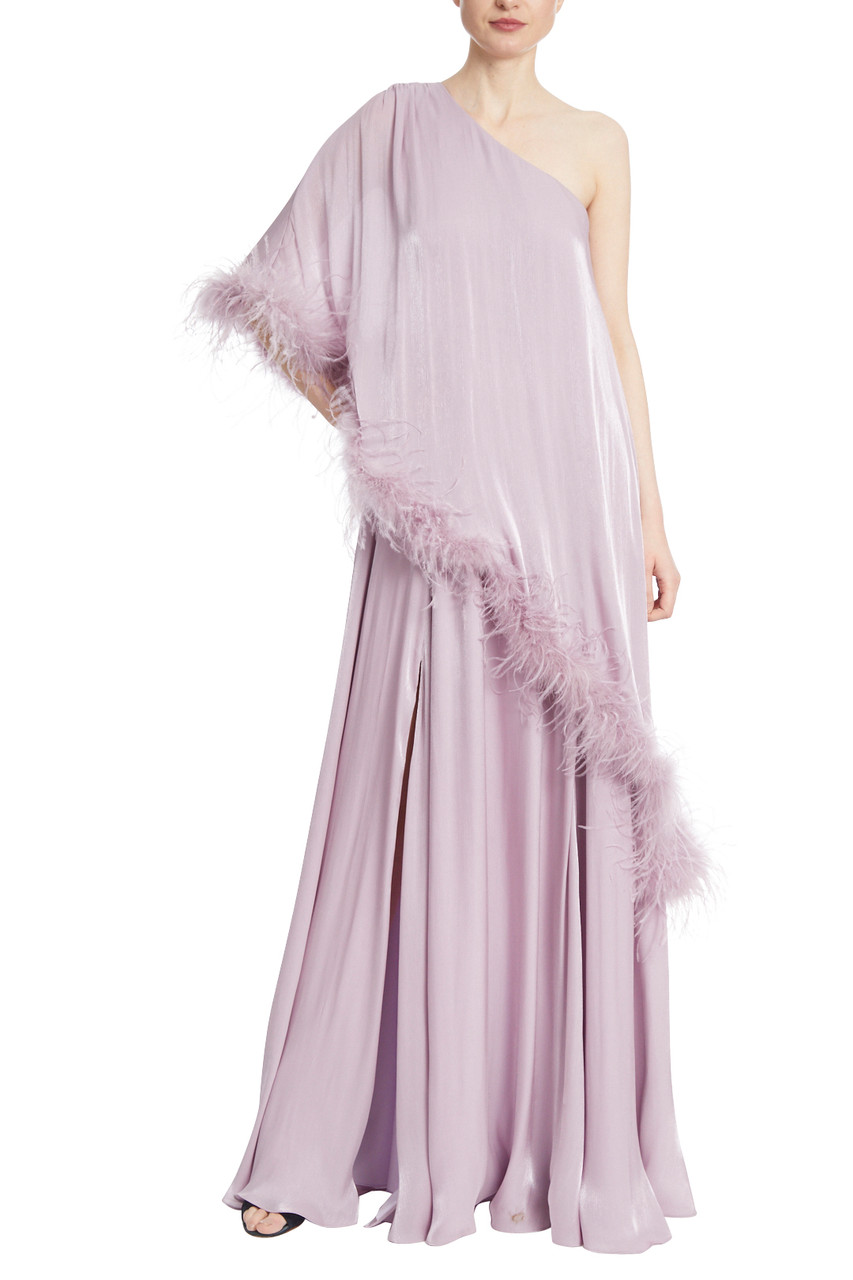 Lilac One-Shoulder Feather Trimmed Maxi Gown by Badgley Mischka