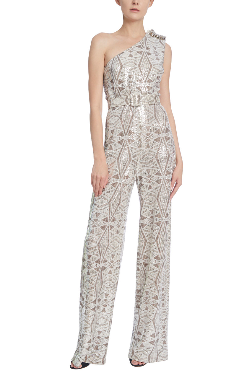 sequin one shoulder jumpsuit