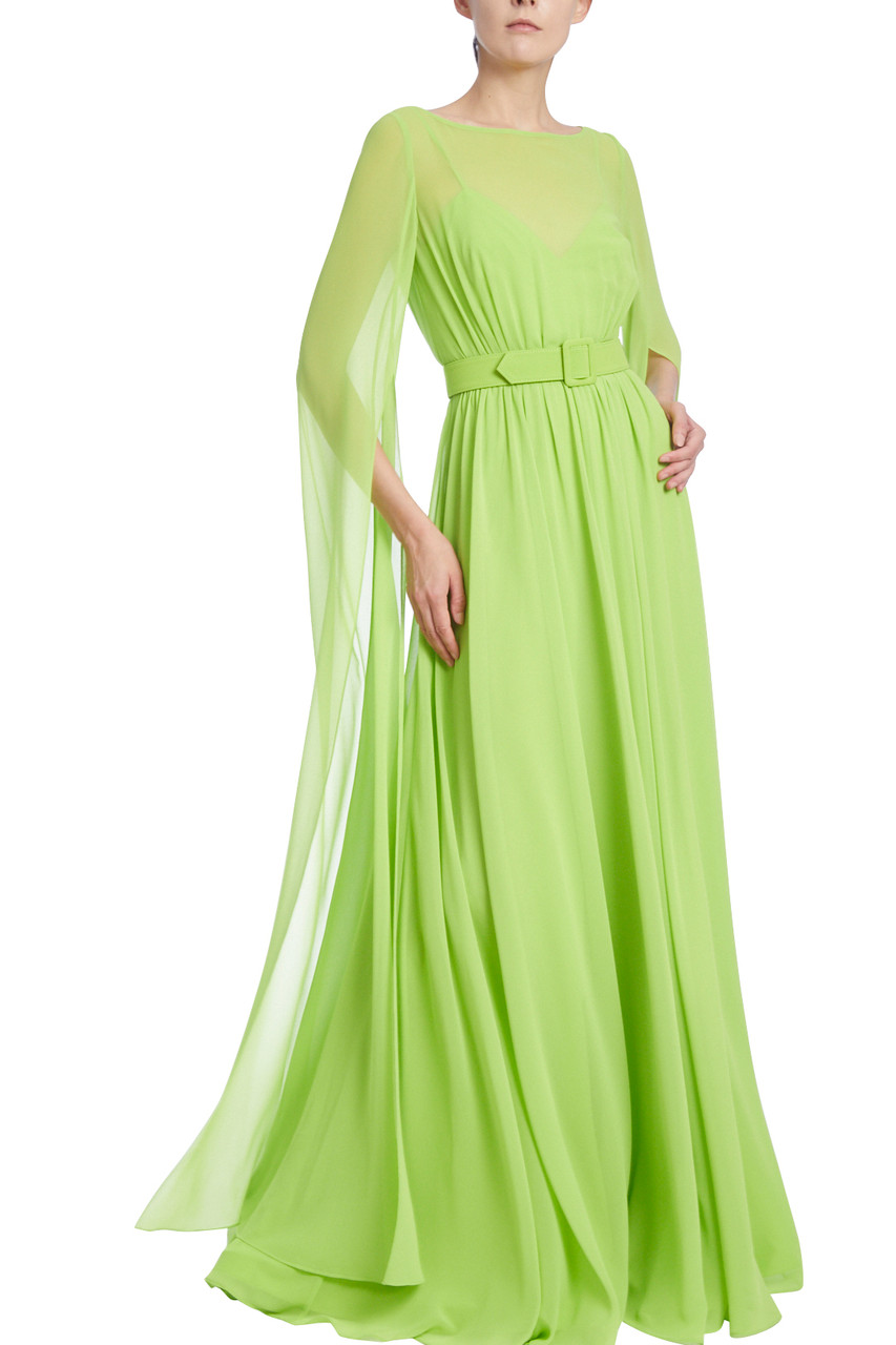 Lime Green Belted Evening Cape Gown by Badgley Mischka