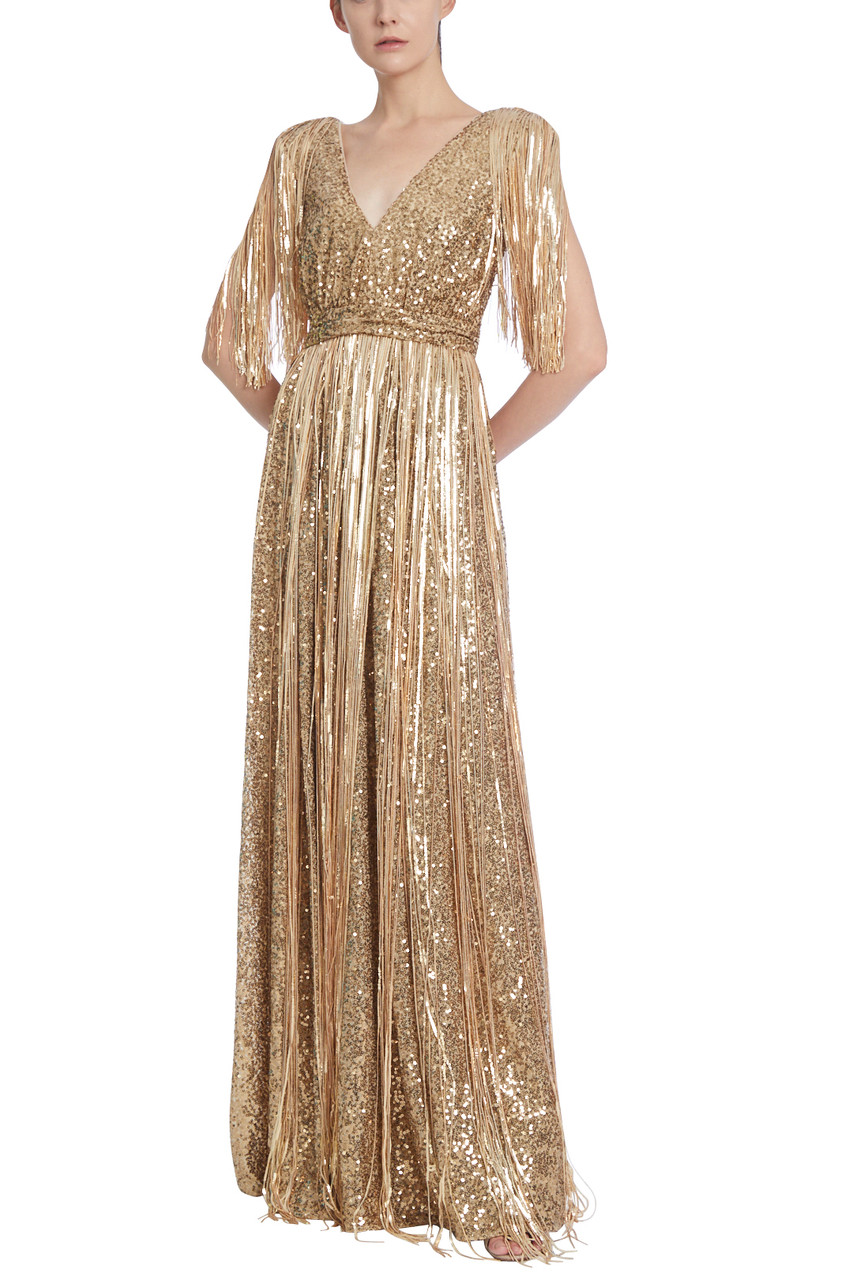 Gold Sequined Evening Gown with Fringes by Badgley Mischka