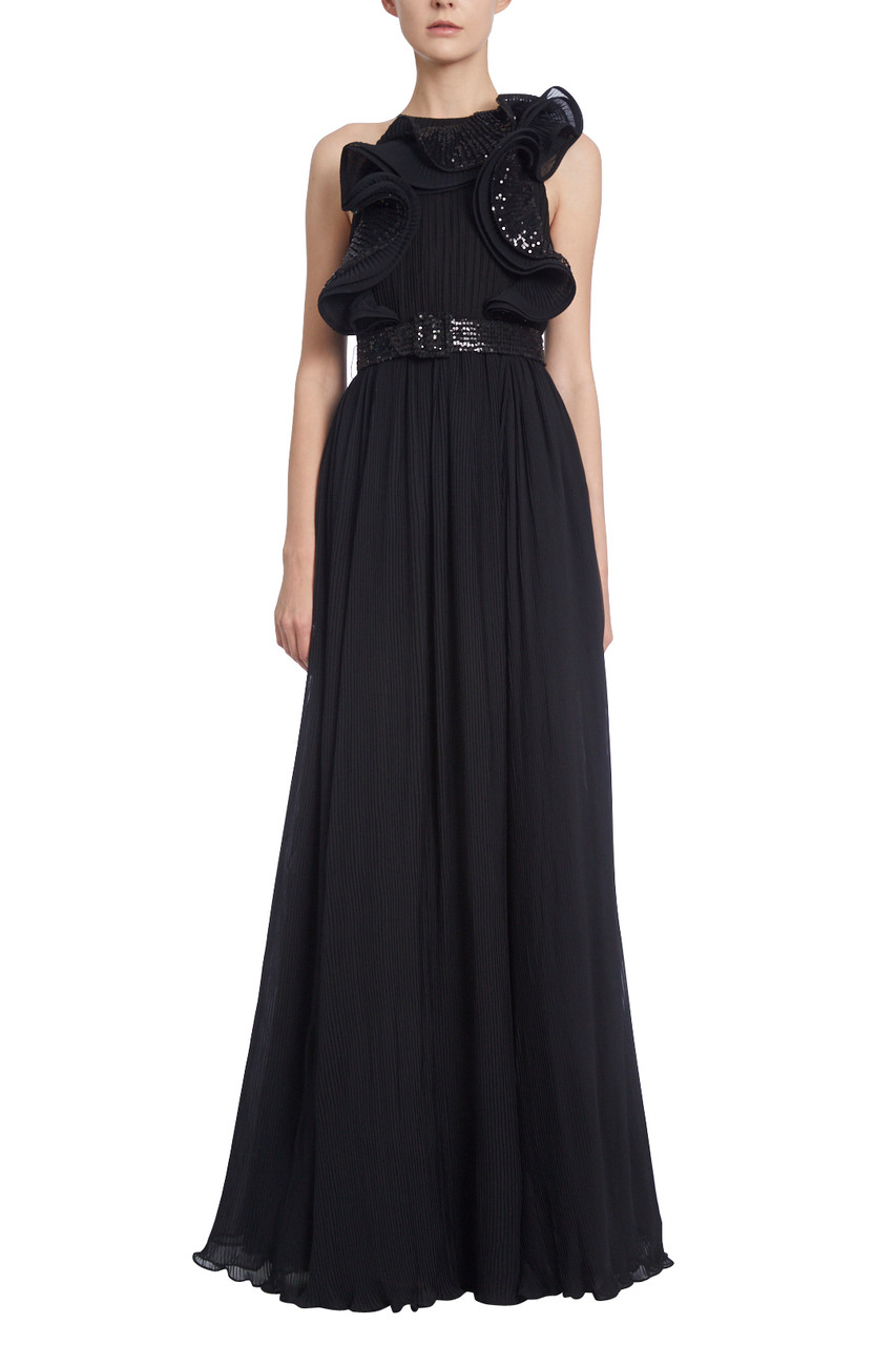 Badgley Mischka☆プリーツラッフル使いのエレガントドレス Black Pleated Evening Gown with Ruffled Halter Neck by