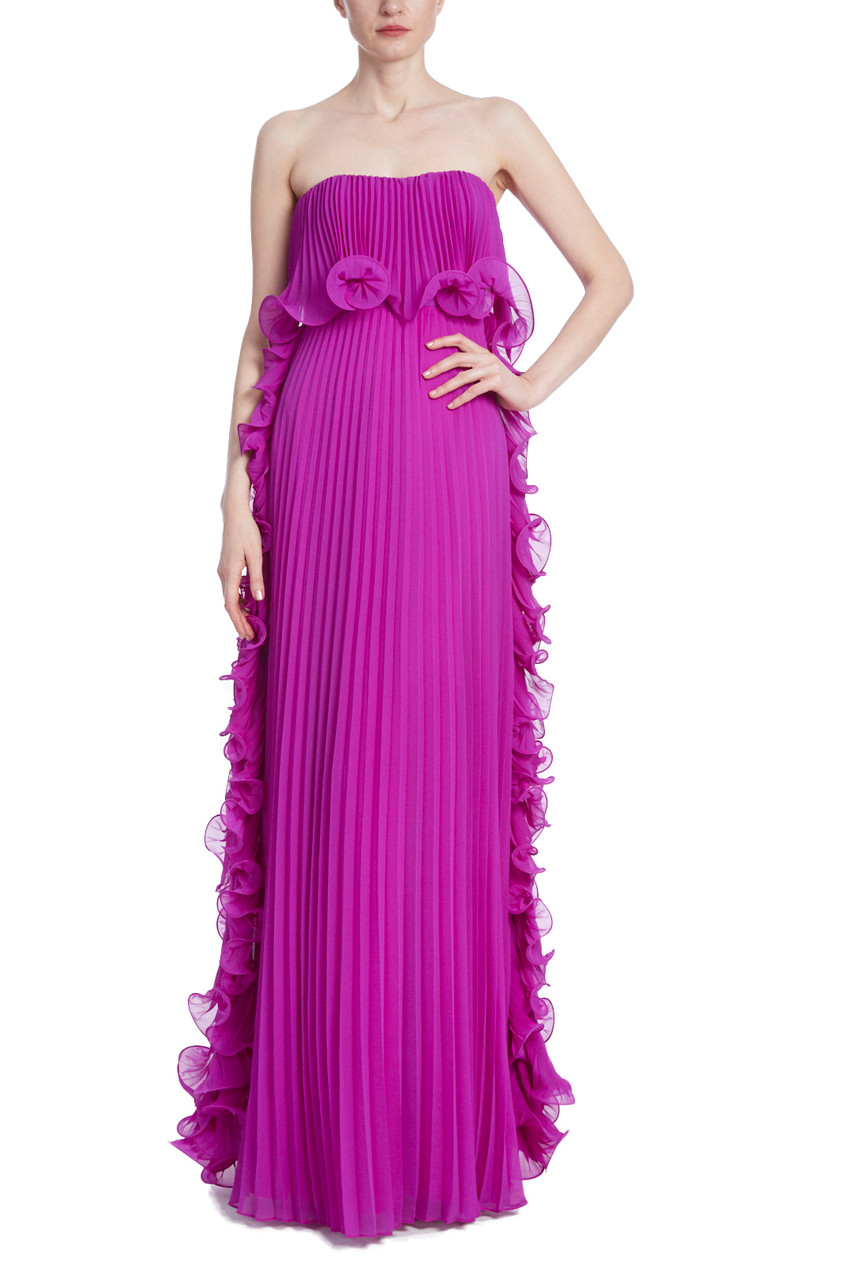 Strapless Pleated Gown with Ruffles by Badgley Mischka