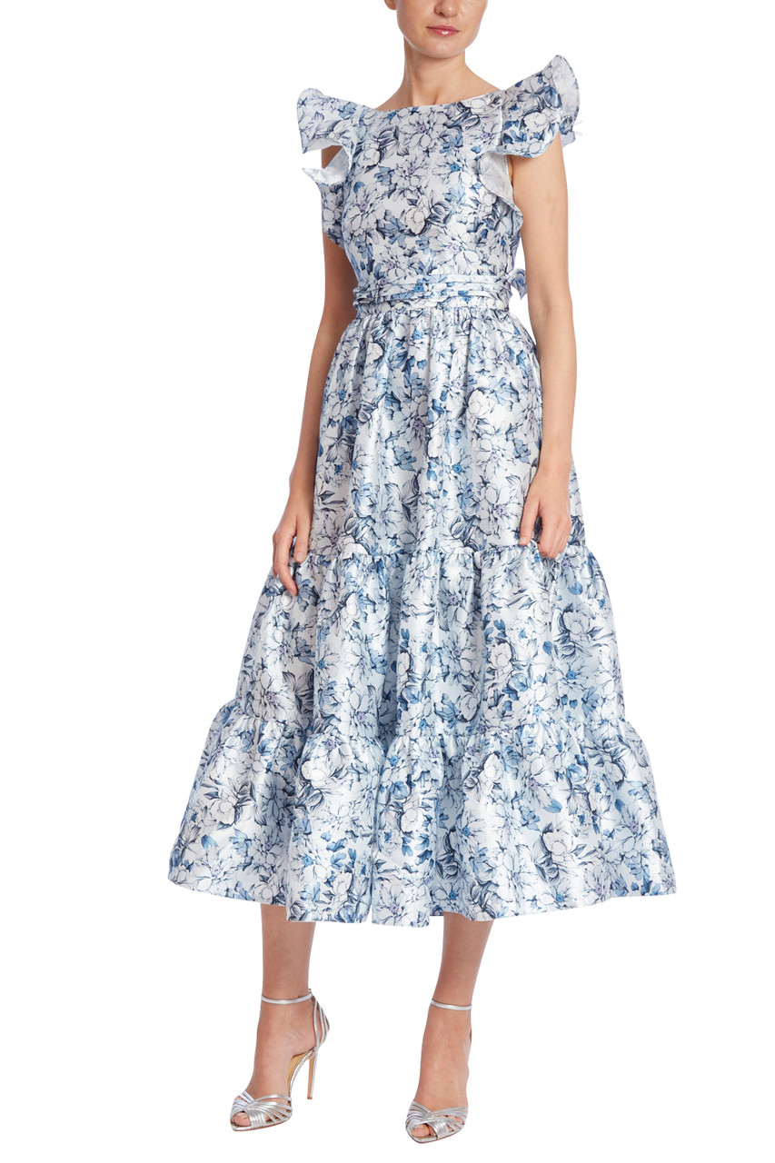 Floral Print Ruffled Shoulder Dress with Tiered Skirt by Badgley Mischka