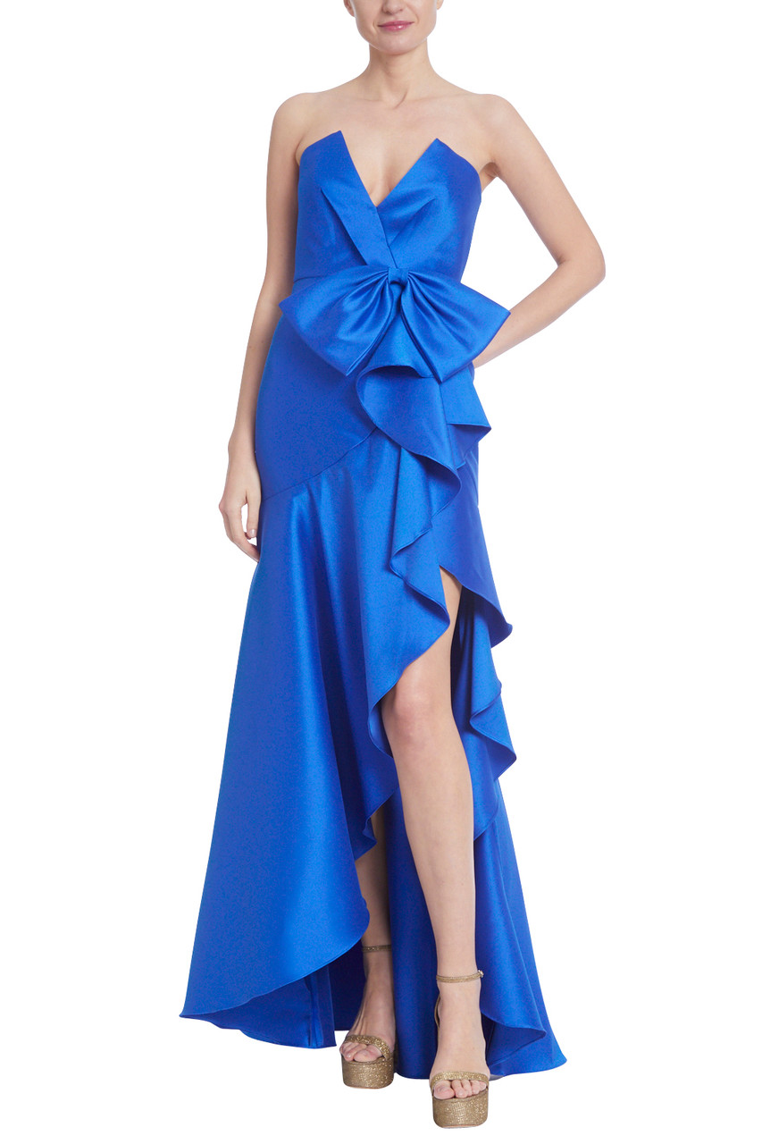 Strapless Bow Column Gown with Ruffled Leg Slit