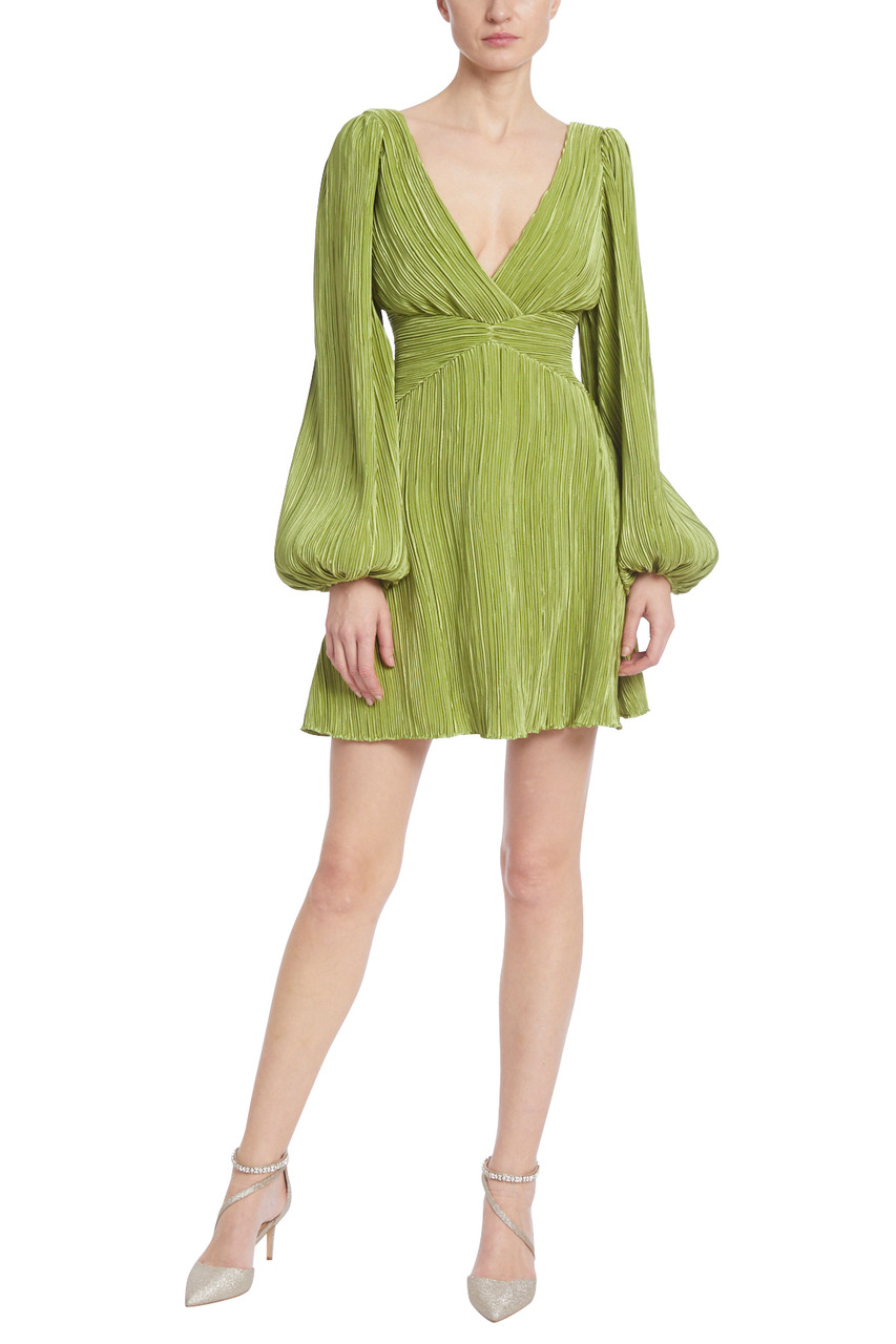 Pleated Double V Mini Dress with Balloon Sleeves by Badgley Mischka