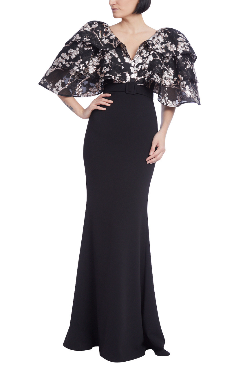 Fitted Crepe Gown with Tiered Jacquard Floral Sleeves