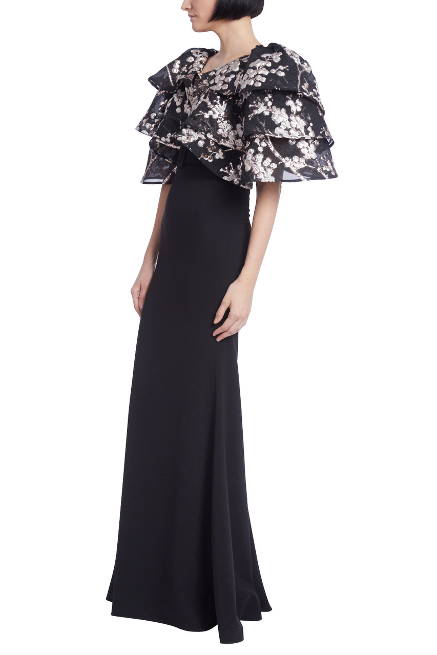 Fitted Crepe Gown with Tiered Jacquard Floral Sleeves