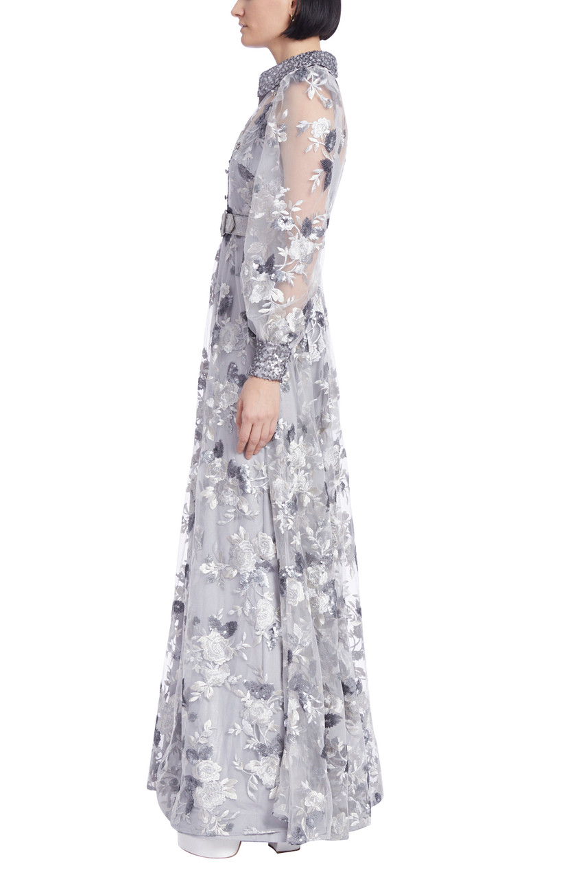 Floral Embroidered Tulle Shirt Gown with Sequin Trim