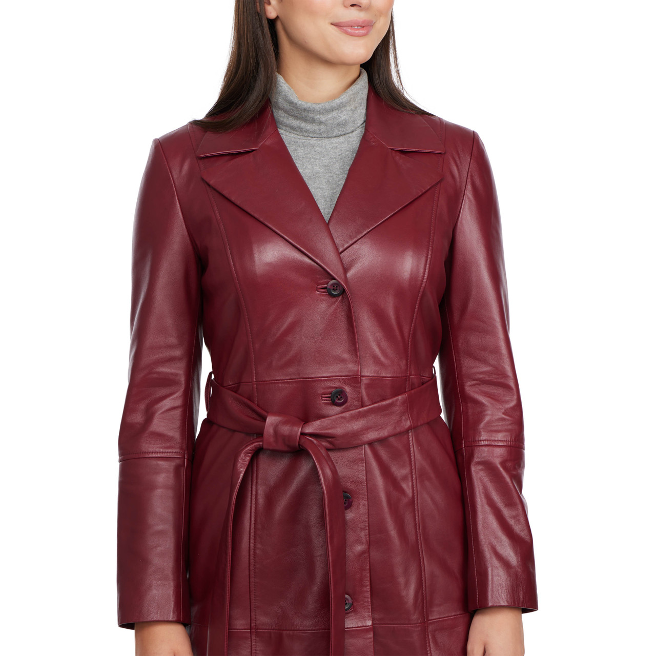 Womens High Fashion Genuine Sheepskin Burgundy Long Leather Trench Coat