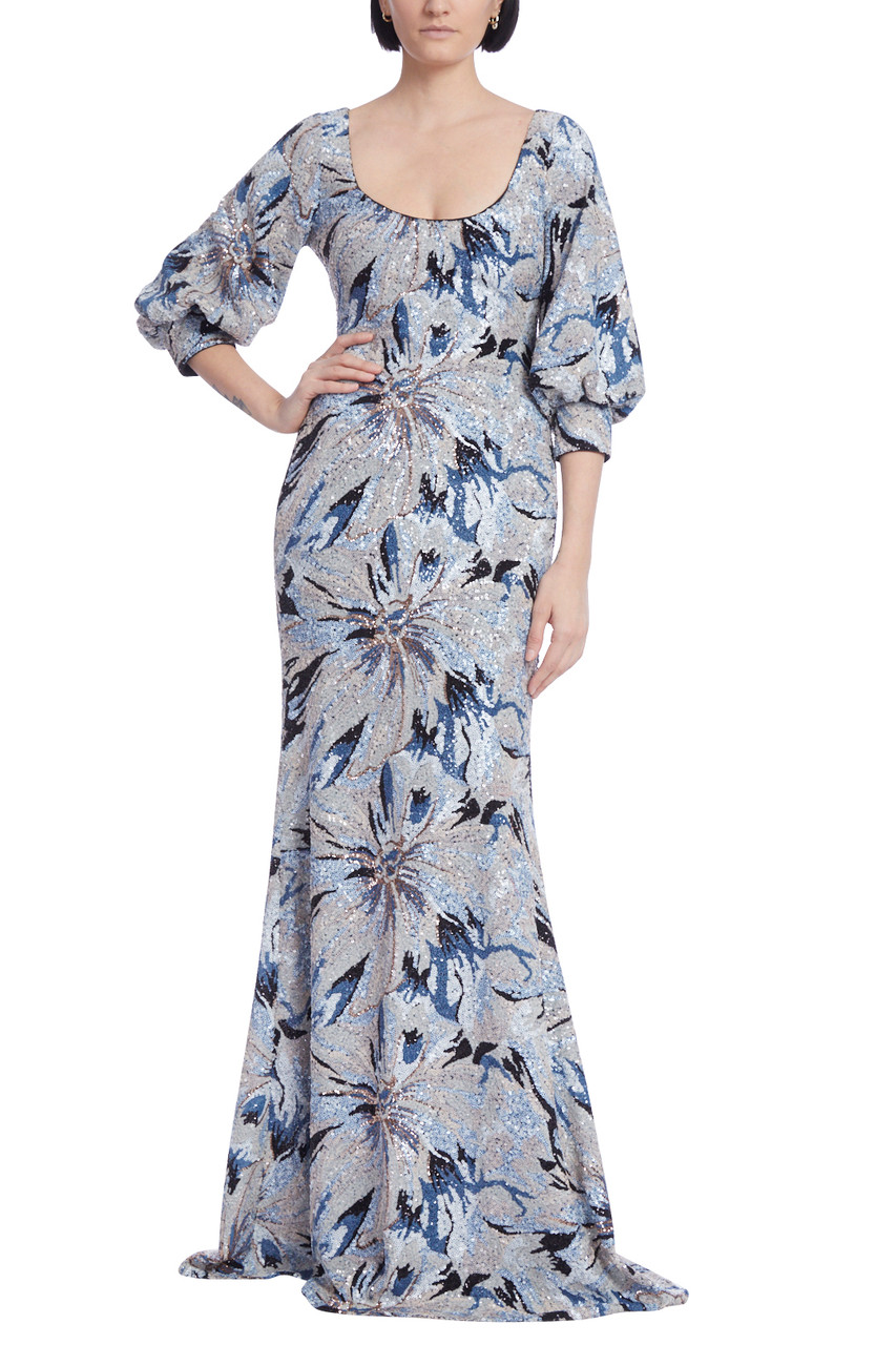 *Badgley Mischka* スキューバフラワーワンピース ドレス Floral Sequin Gown with Balloon Sleeves by Badgley Mischka